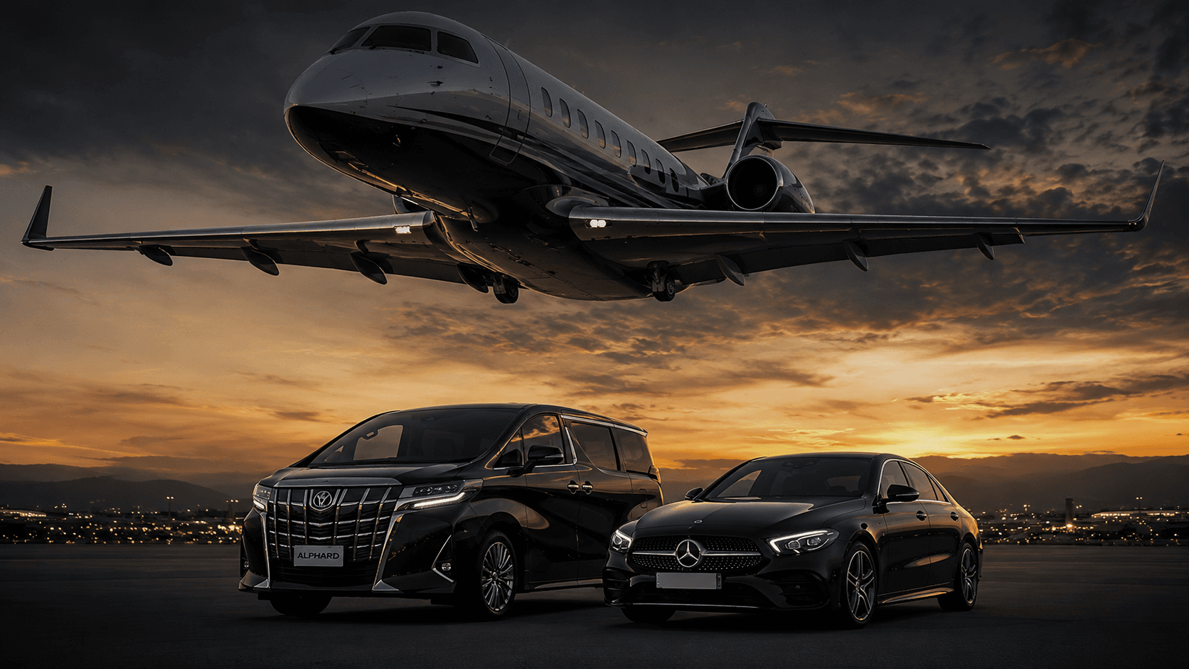Luxe Tours private jet and fleet at dusk